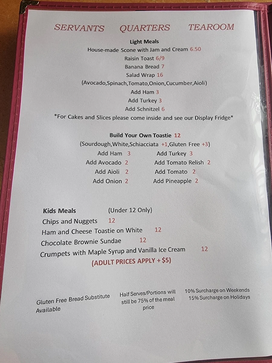 Menu, The Servants Quarters Tearooms