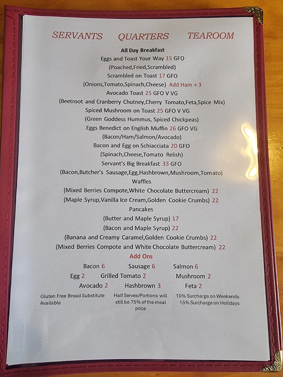 Menu, The Servants Quarters Tearooms