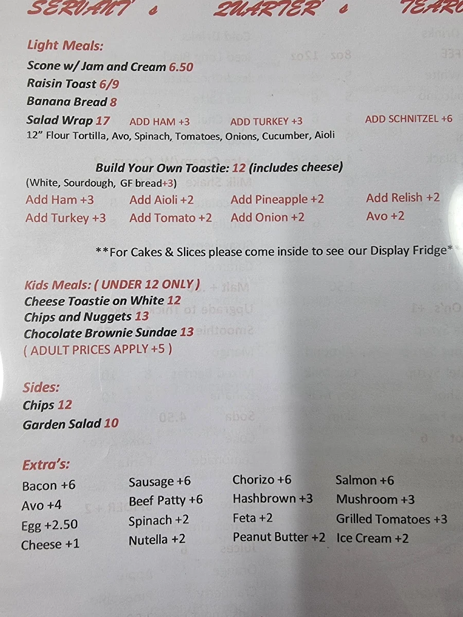 Menu, The Servants Quarters Tearooms