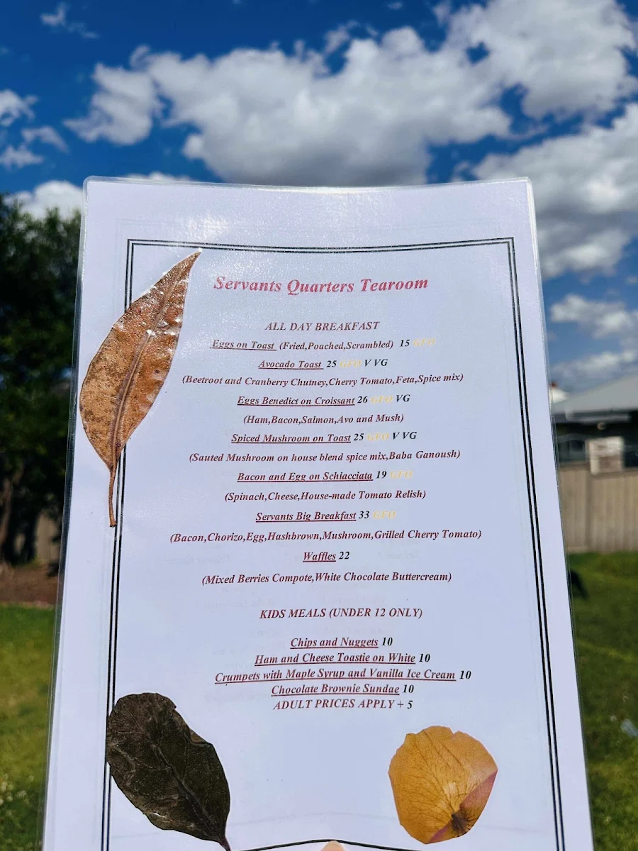 Menu, The Servants Quarters Tearooms
