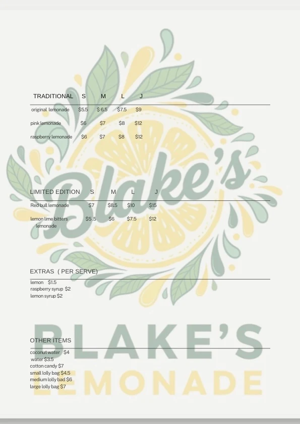 Menu, Blakes Lemonade