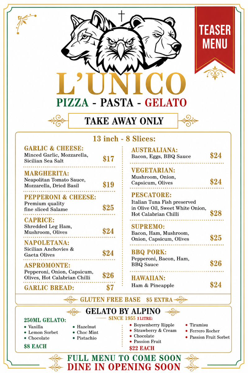 Menu, L’UNICO Pizza Warrimoo