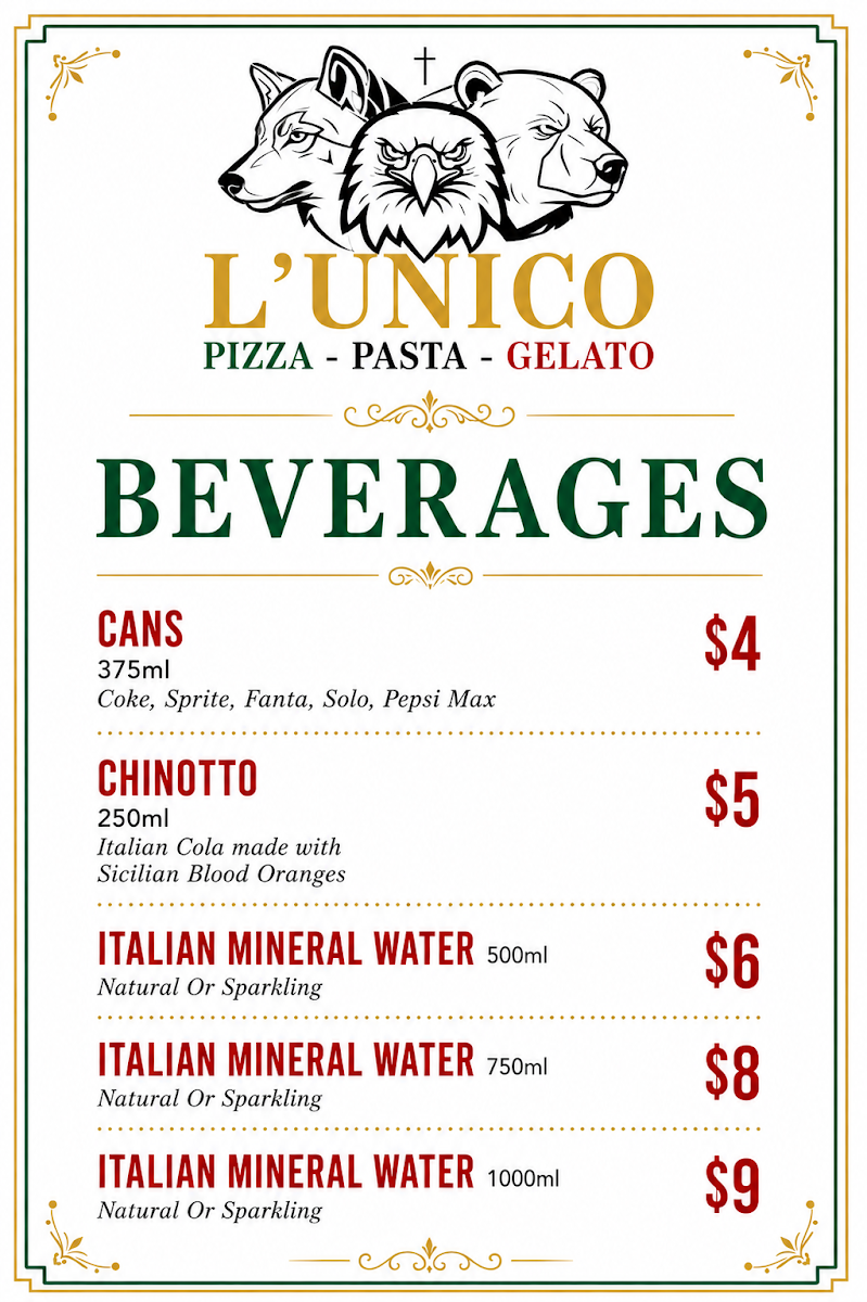 Menu, L’UNICO Pizza Warrimoo
