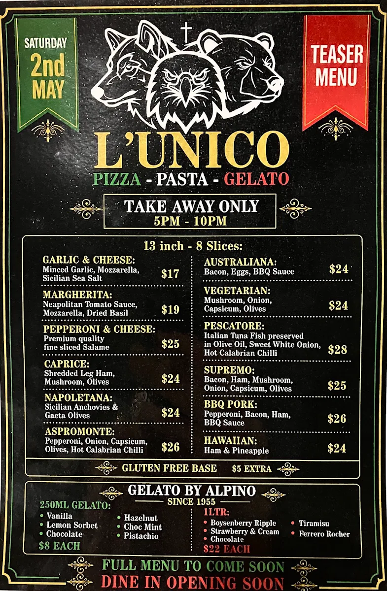 Menu, L’UNICO Pizza Warrimoo