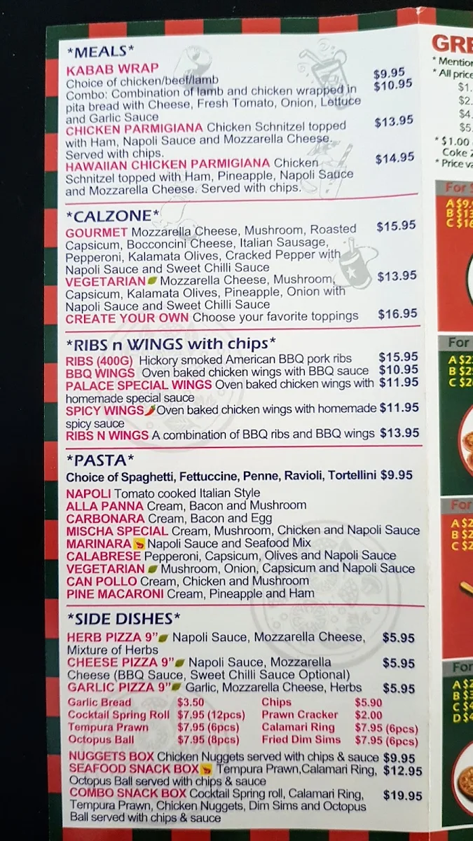 Menu, Pizza Palace