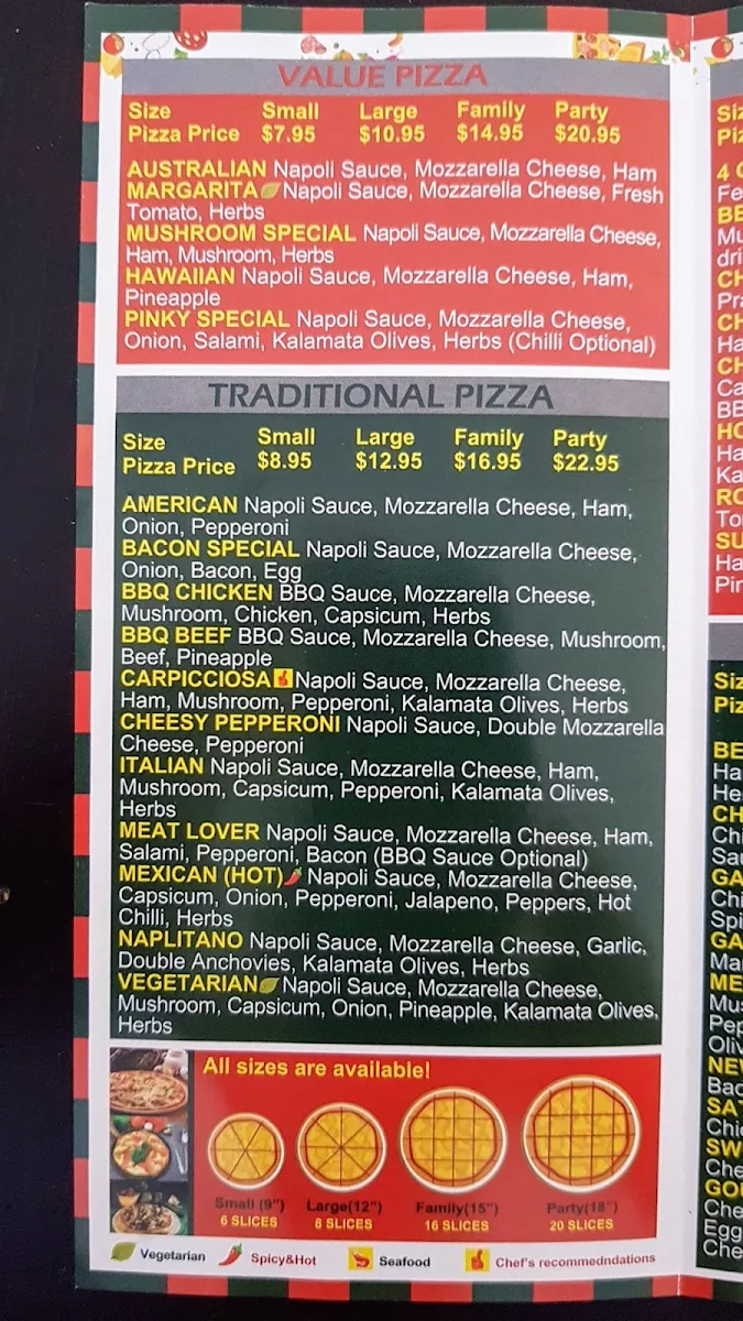 Menu, Pizza Palace
