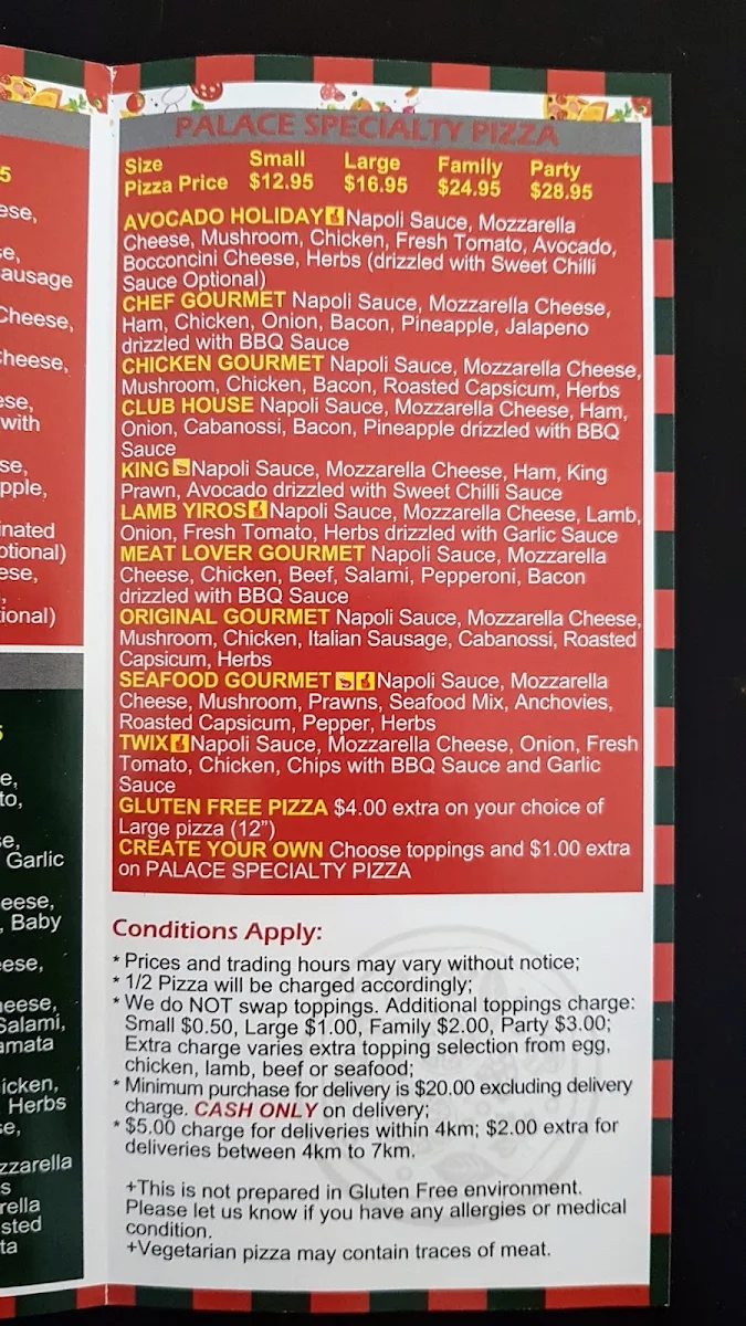 Menu, Pizza Palace
