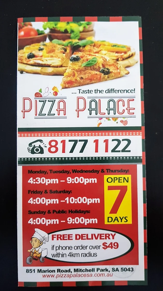 Menu, Pizza Palace