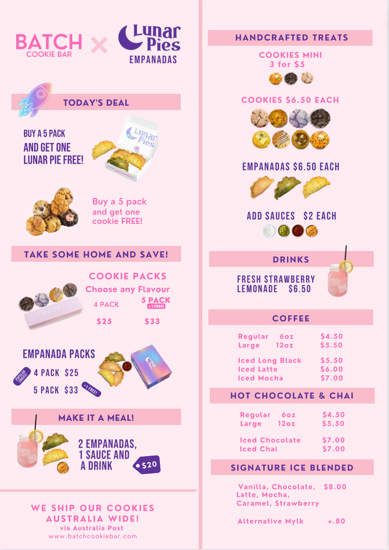 Menu, Batch Cookie Bar x Lunar Pies