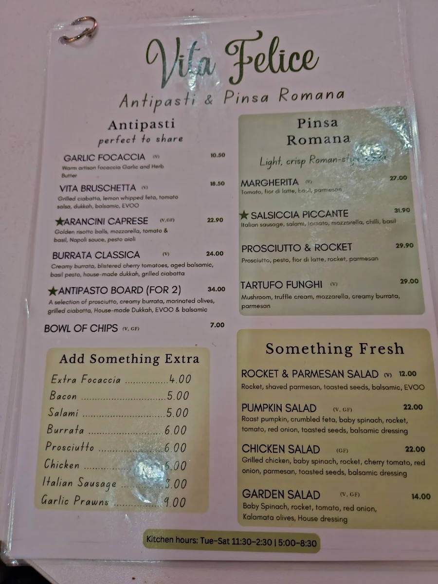 Menu, Vita Felice Cafe & Pasta Bar Dubbo