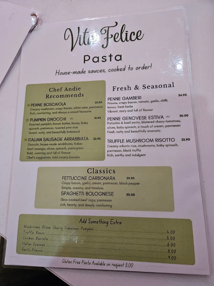 Menu, Vita Felice Cafe & Pasta Bar Dubbo