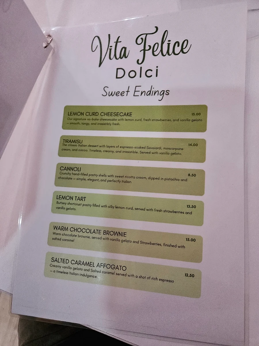 Menu, Vita Felice Cafe & Pasta Bar Dubbo
