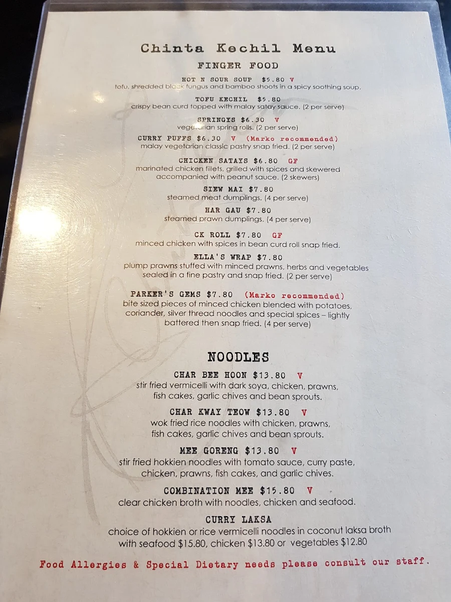 Menu, Chinta Kechil