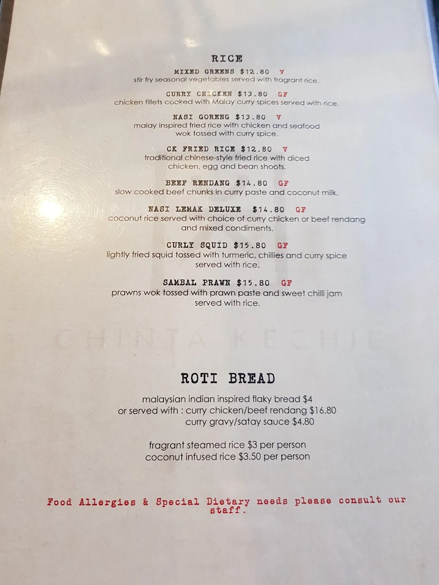 Menu, Chinta Kechil