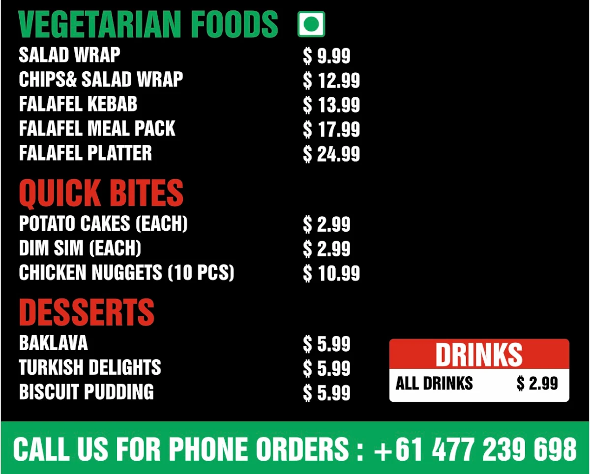 Menu, Greensborough crazy kebabs