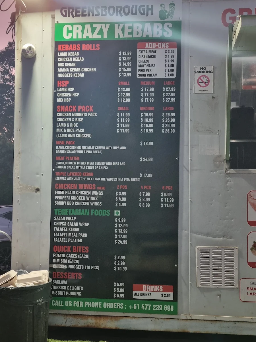 Menu, Greensborough crazy kebabs