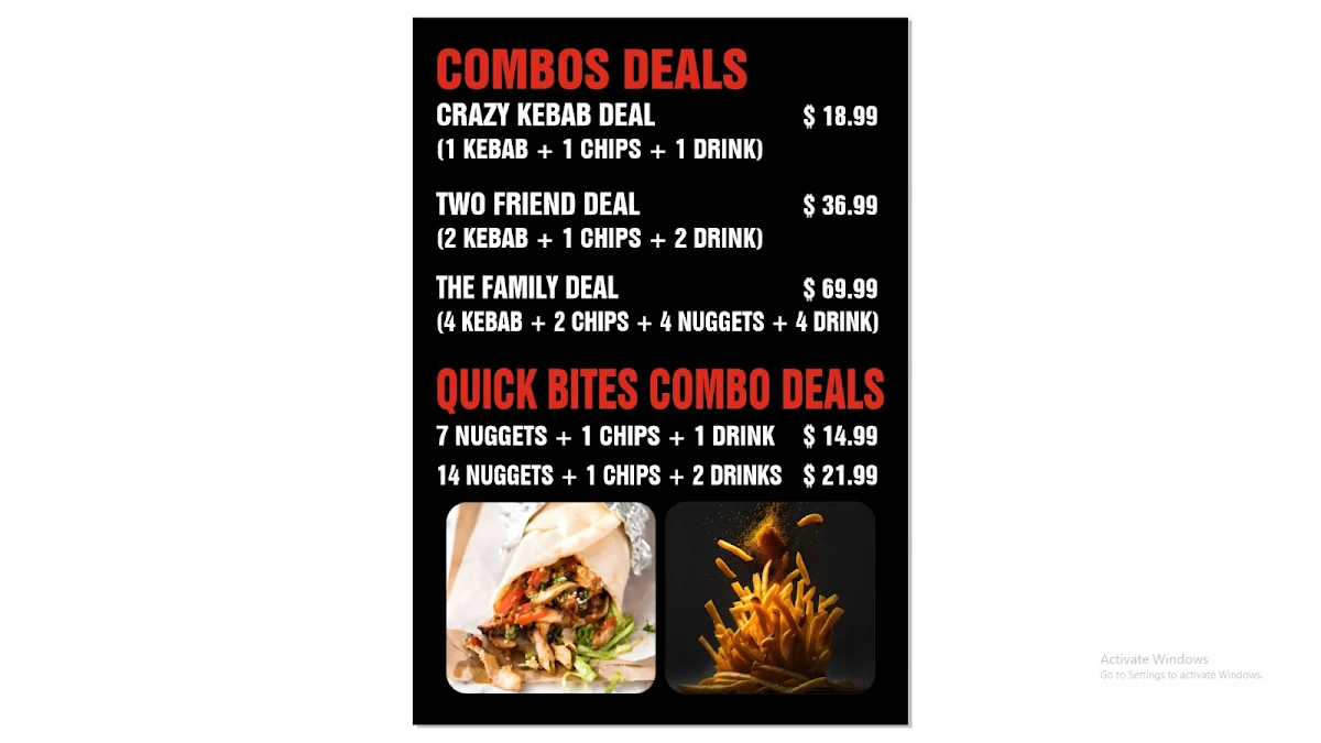 Menu, Greensborough crazy kebabs