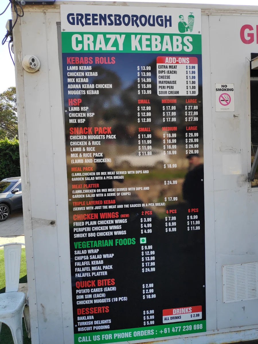 Menu, Greensborough crazy kebabs