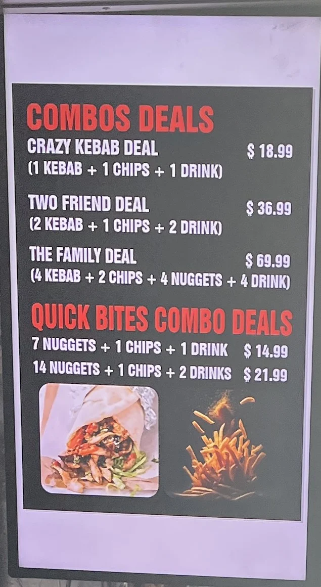 Menu, Greensborough crazy kebabs