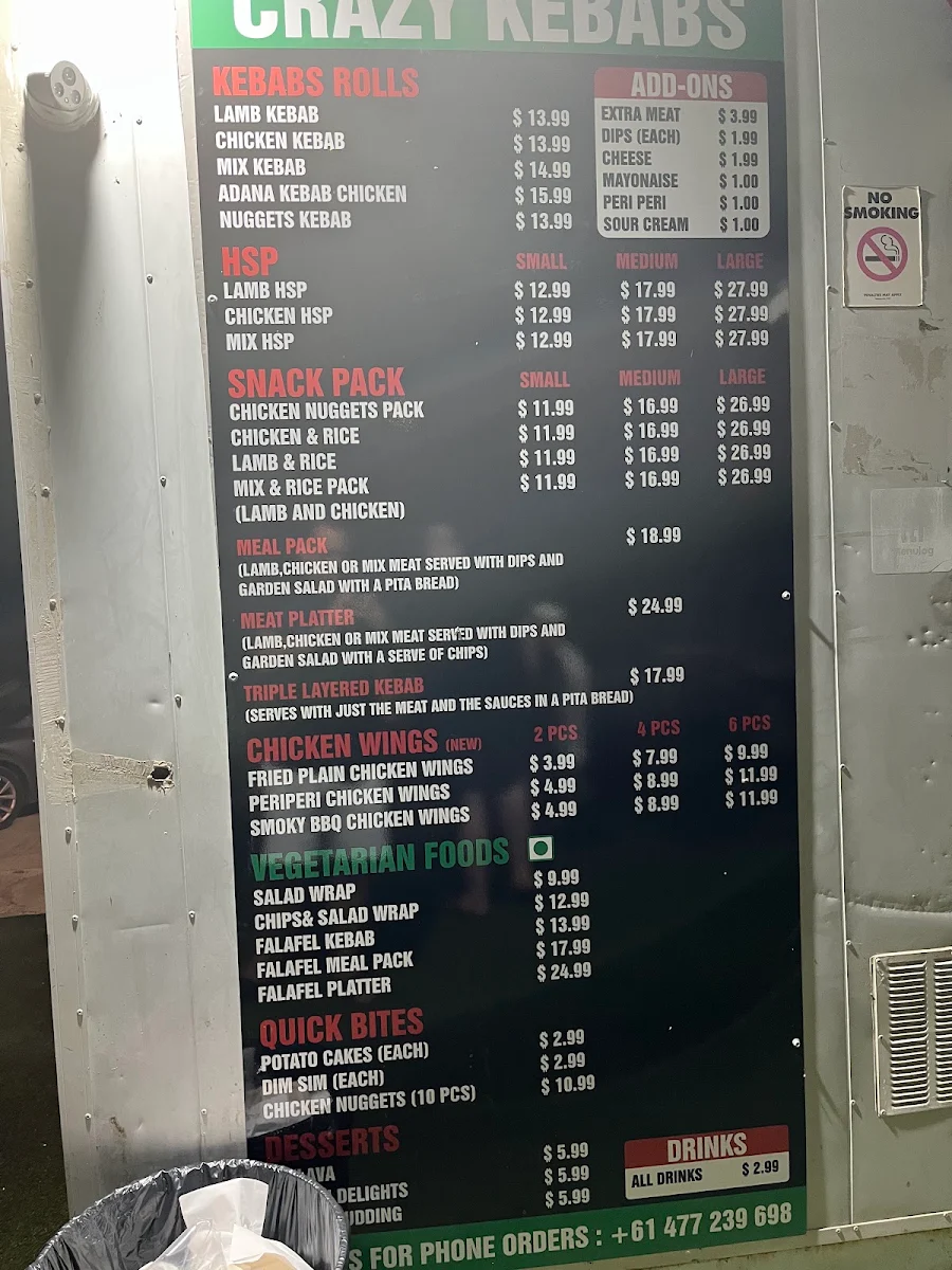 Menu, Greensborough crazy kebabs