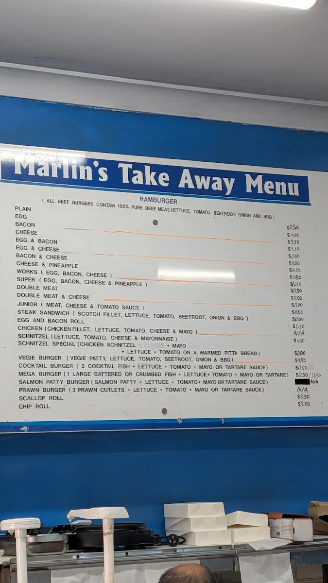 Menu, Marlin's Takeaway