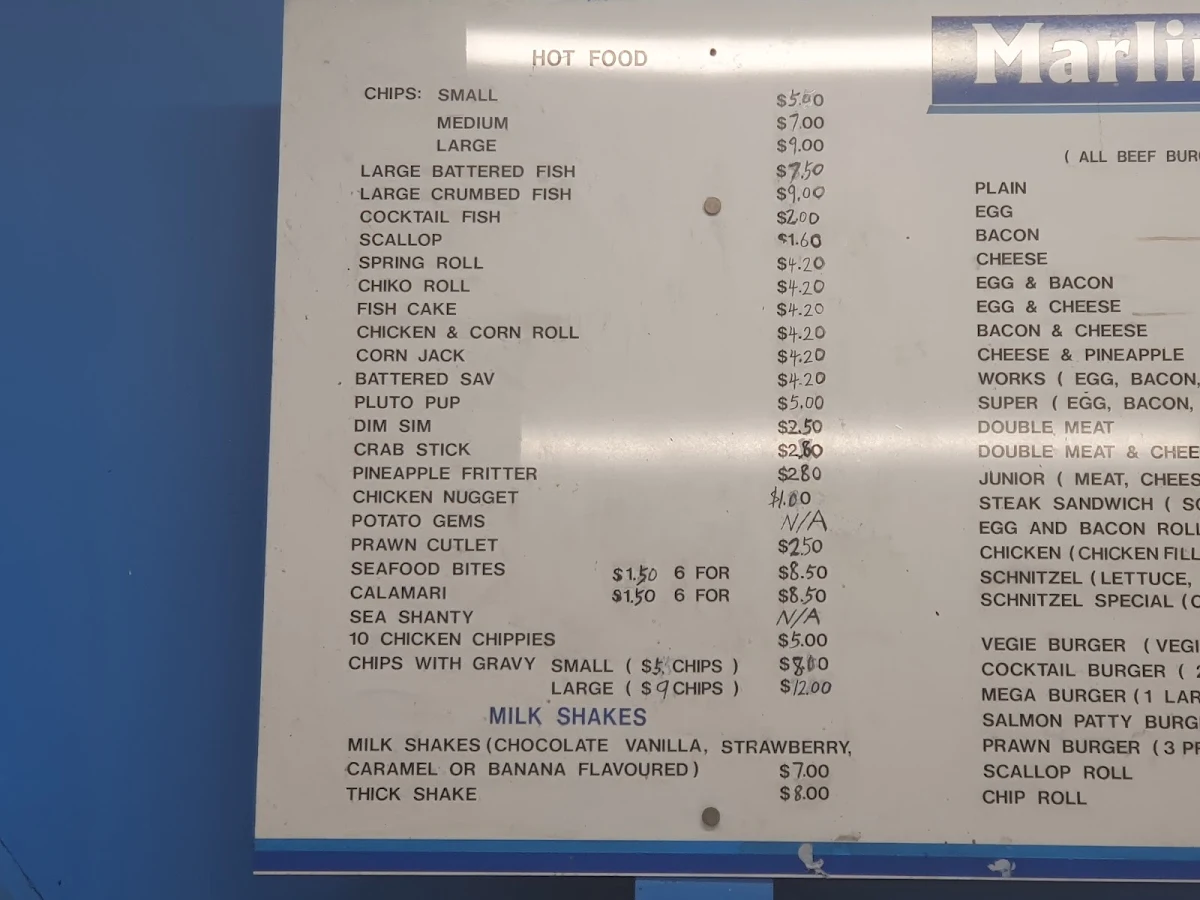 Menu, Marlin's Takeaway