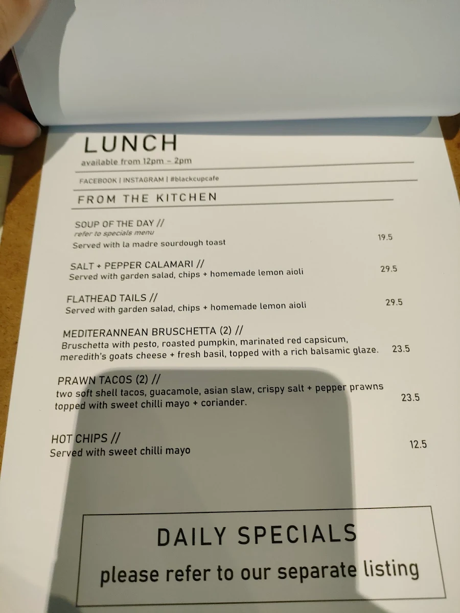 Menu, Black Cup Cafe