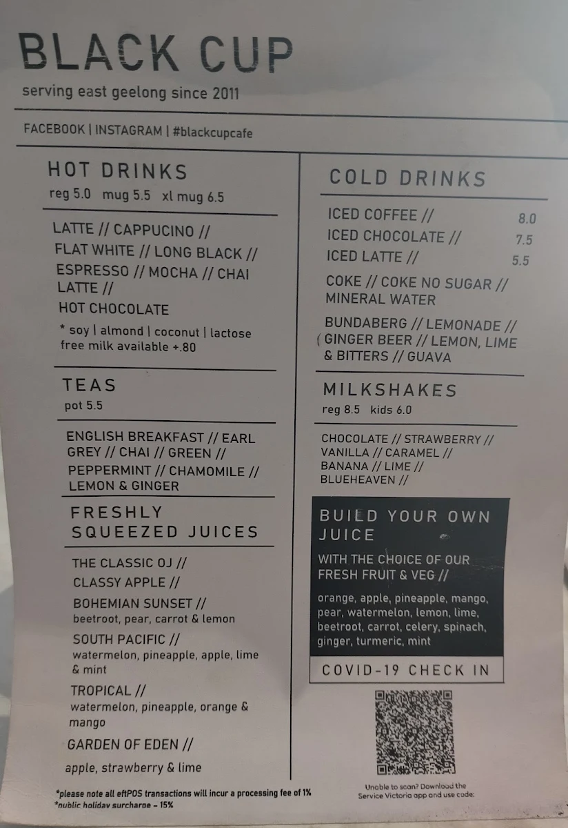 Menu, Black Cup Cafe