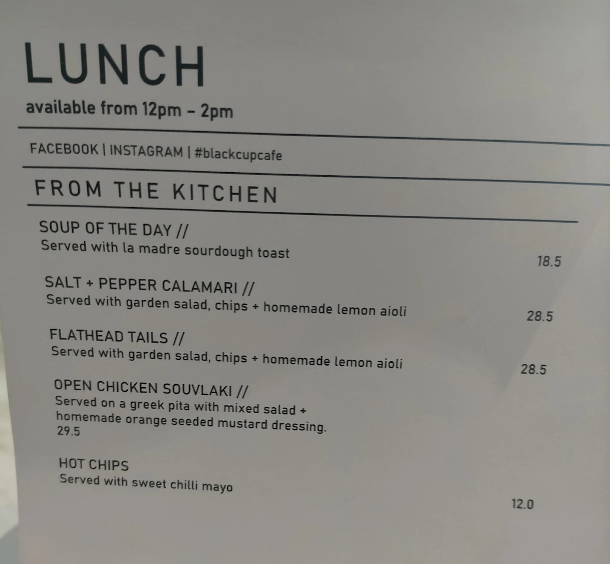 Menu, Black Cup Cafe