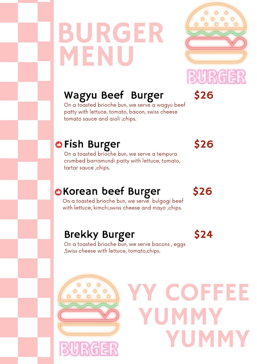 Menu, YY Cafe and restaurant
