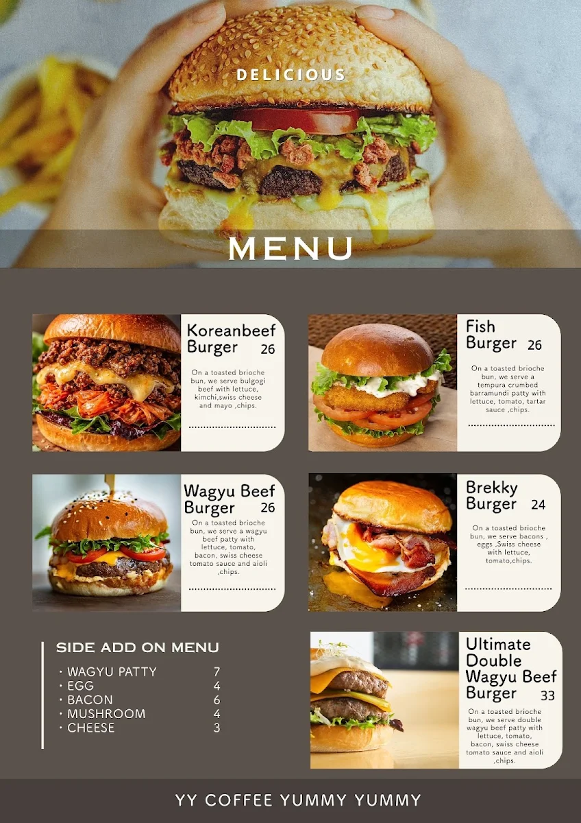 Menu, YY Cafe and restaurant