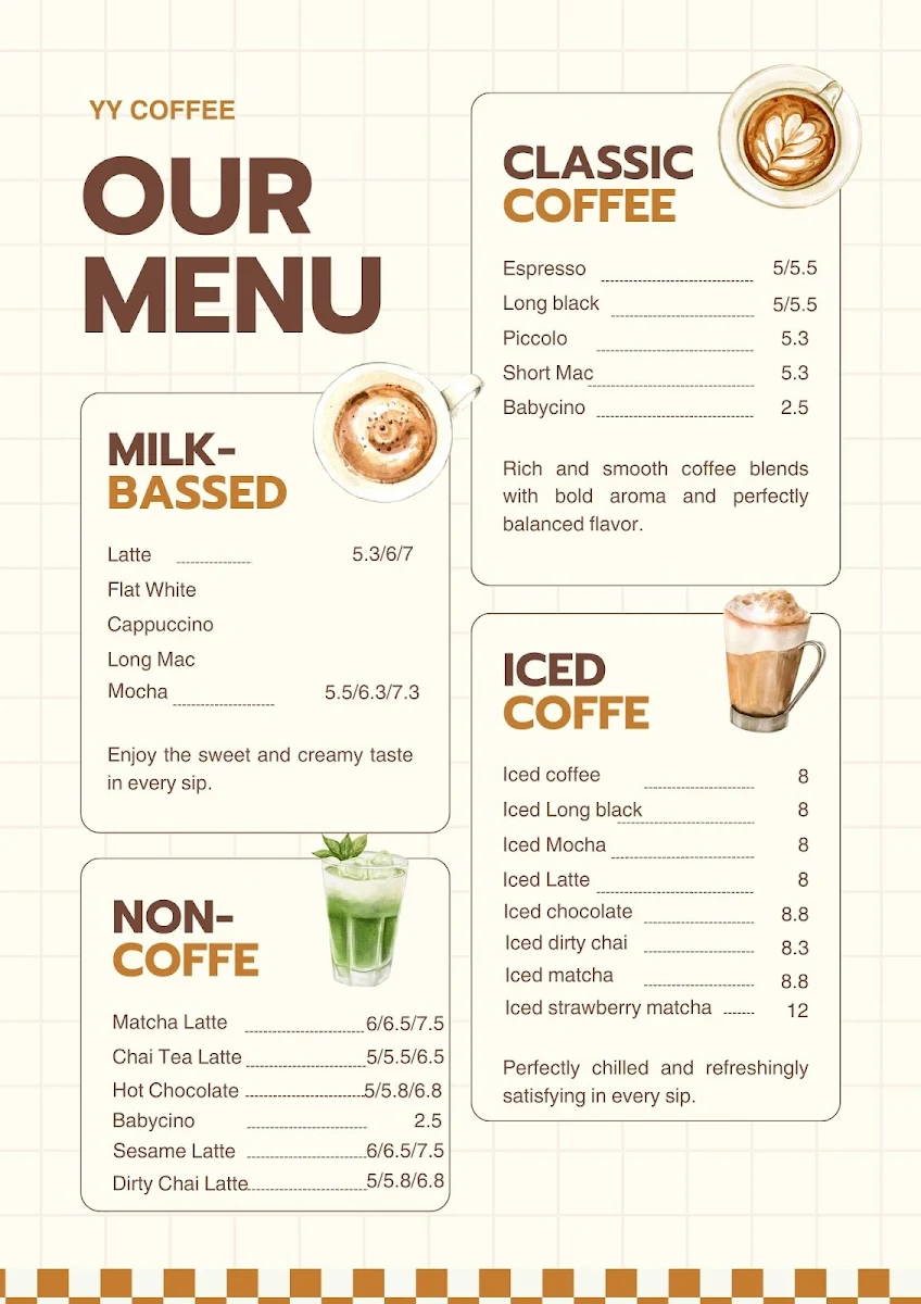 Menu, YY Cafe and restaurant