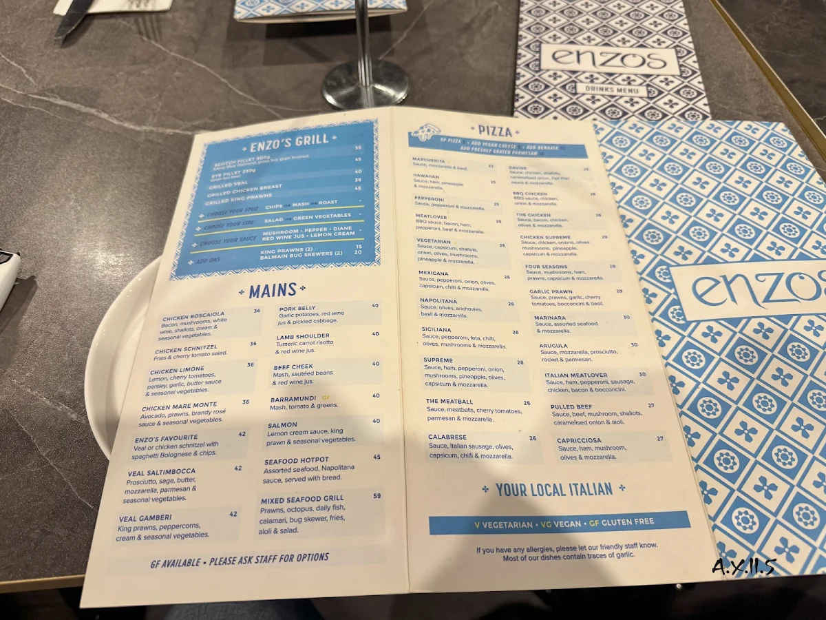 Menu, Enzo's Cucina Panania