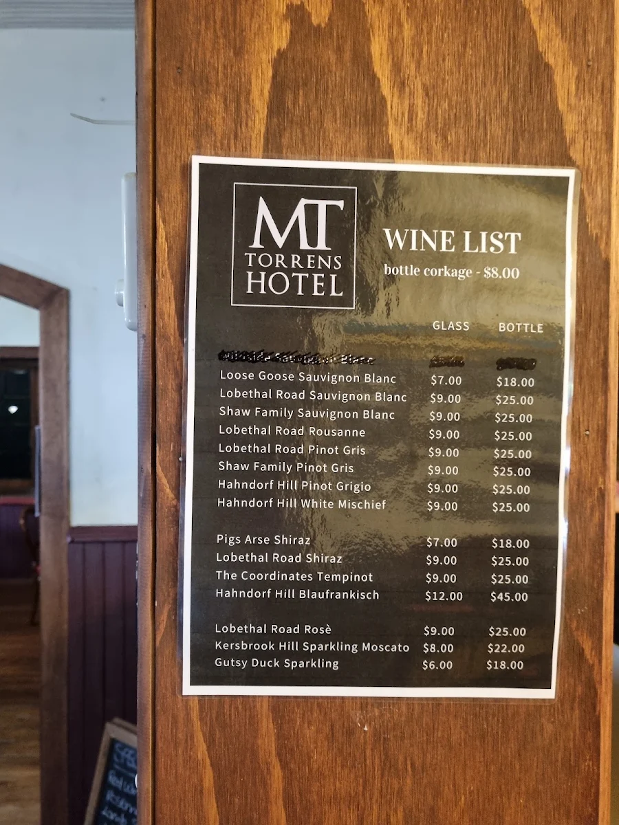 Menu, Mount Torrens Hotel
