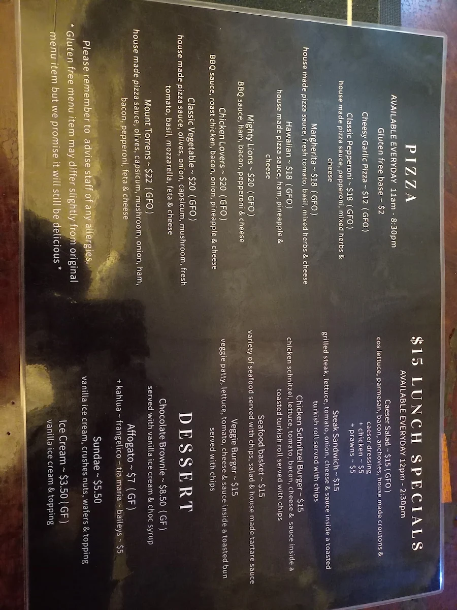 Menu, Mount Torrens Hotel