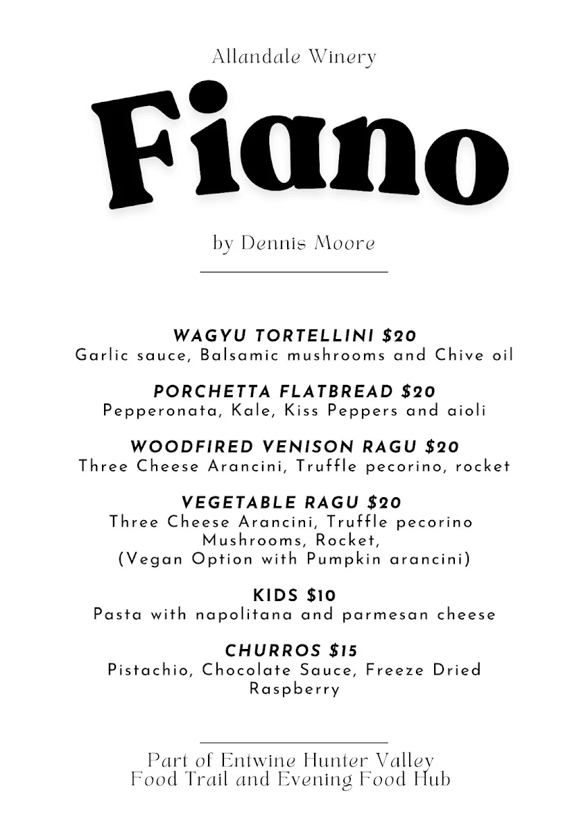 Menu, Entwine Hunter Valley