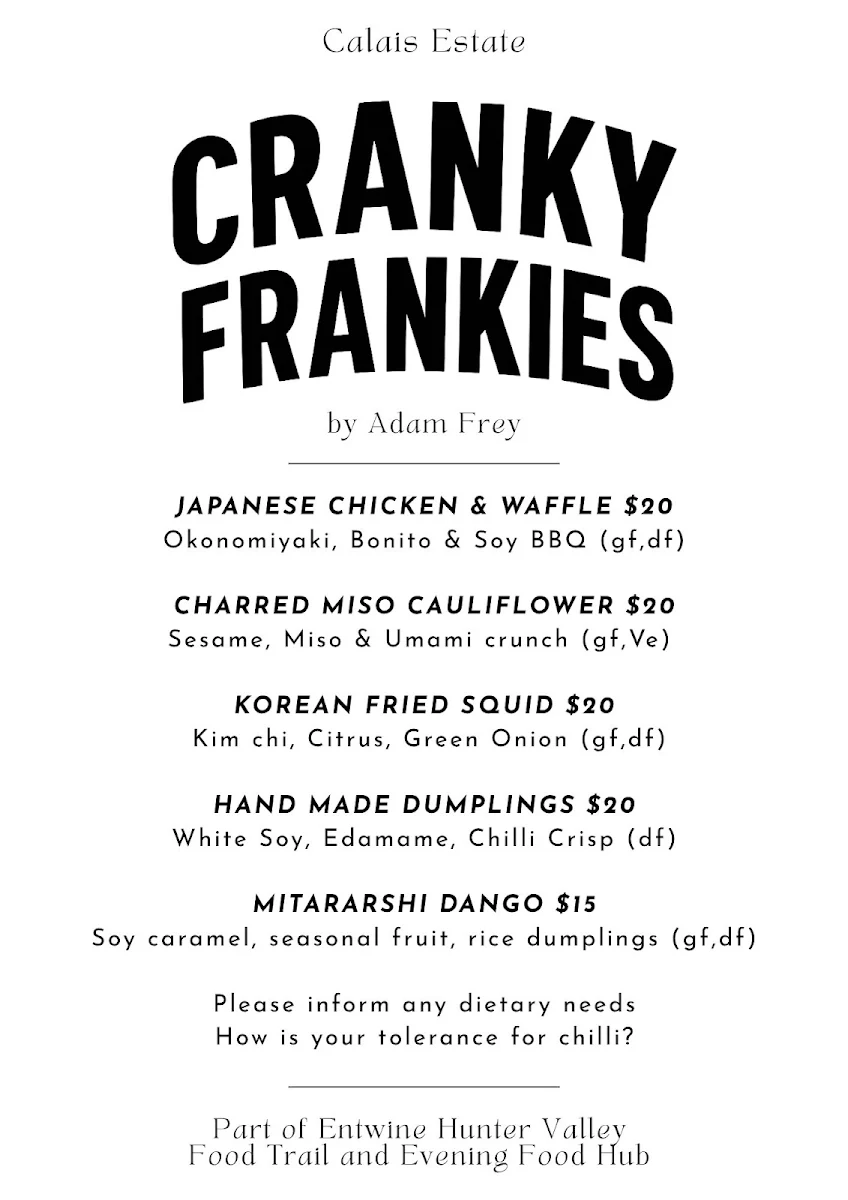 Menu, Entwine Hunter Valley