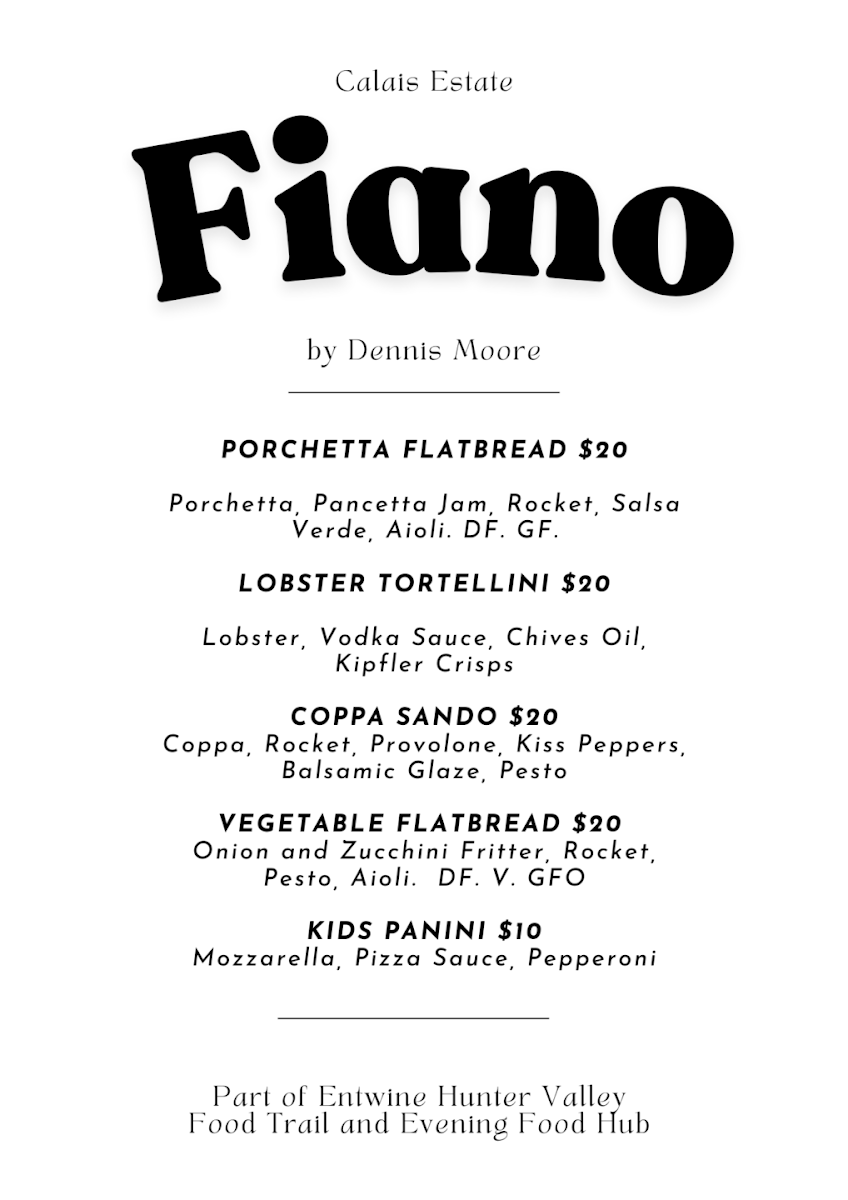 Menu, Entwine Hunter Valley