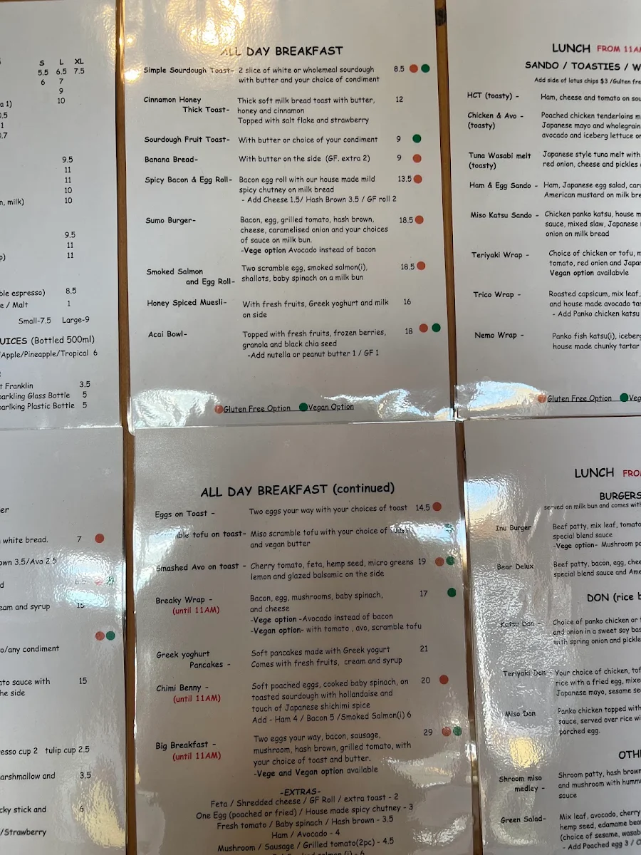 Menu, Cafe inu