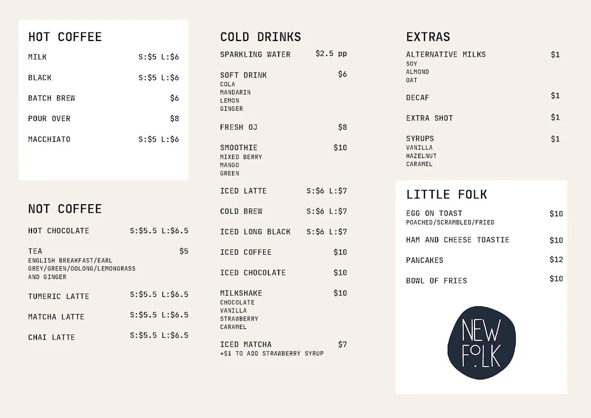 Menu, Honey’s