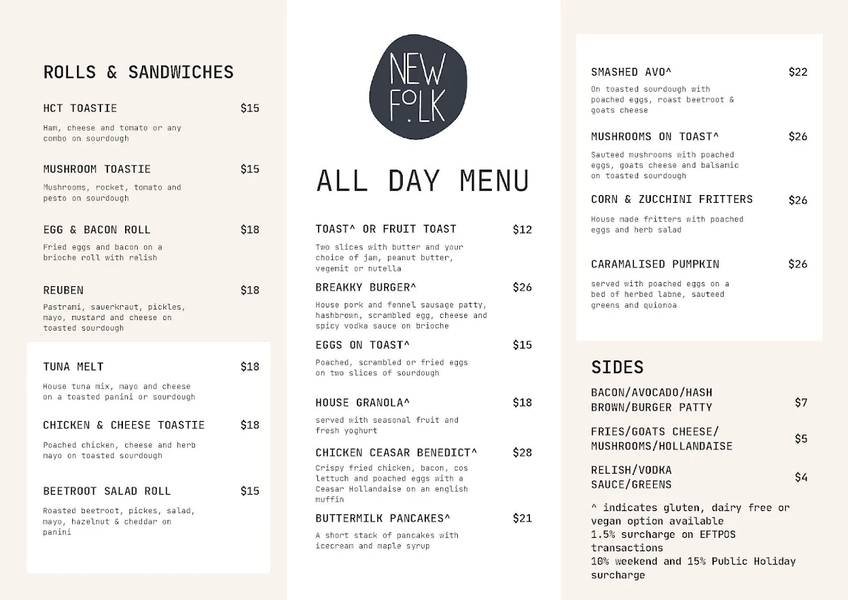 Menu, Honey’s