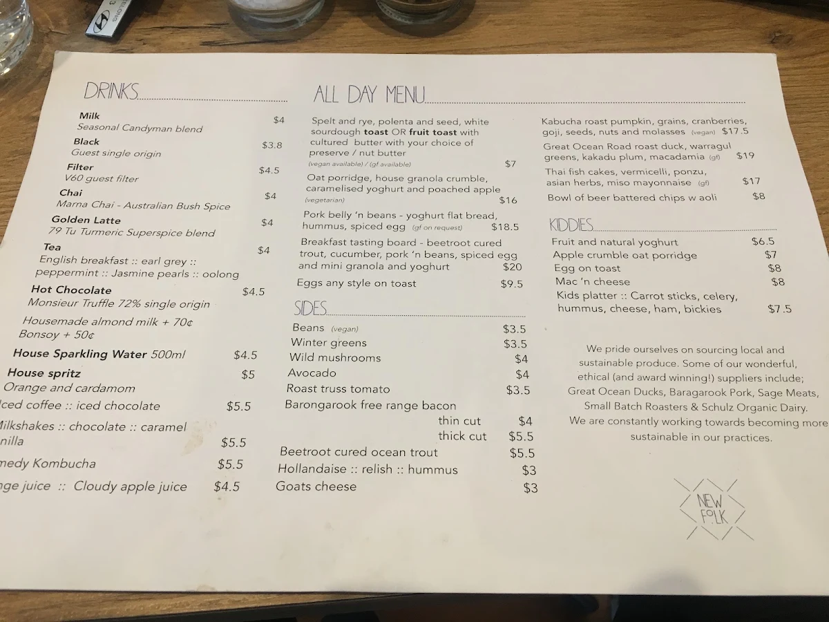 Menu, Honey’s