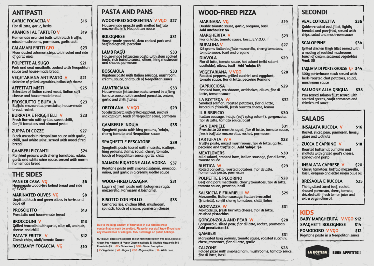 Menu, La Bottega Trattoria