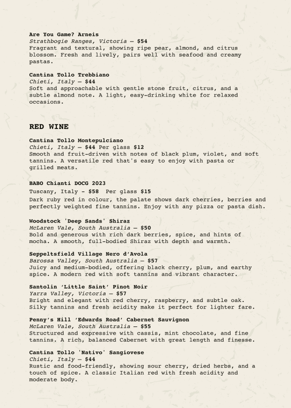 Menu, La Bottega Trattoria