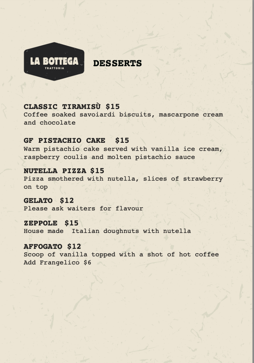 Menu, La Bottega Trattoria