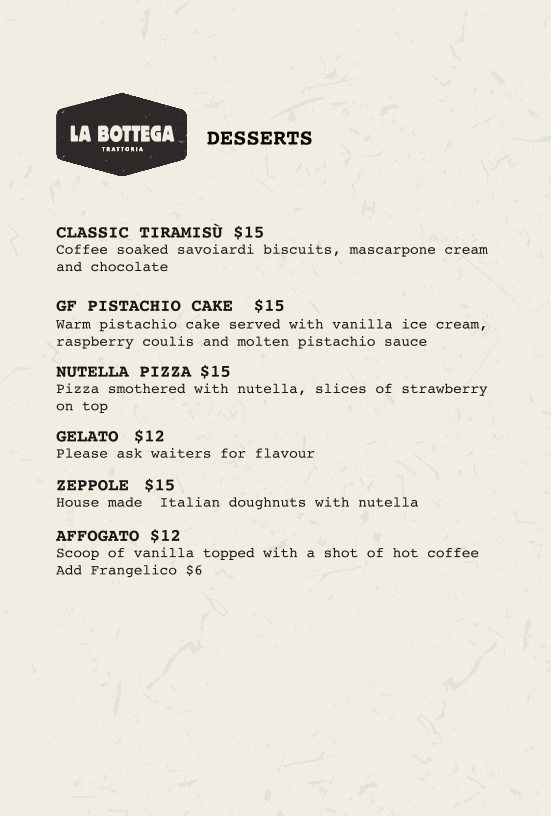 Menu, La Bottega Trattoria