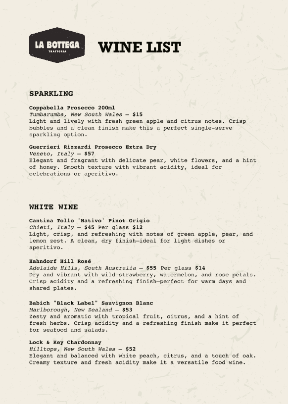 Menu, La Bottega Trattoria