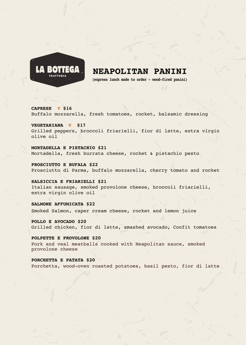 Menu, La Bottega Trattoria