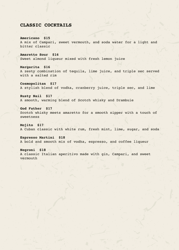 Menu, La Bottega Trattoria