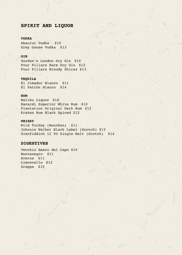 Menu, La Bottega Trattoria